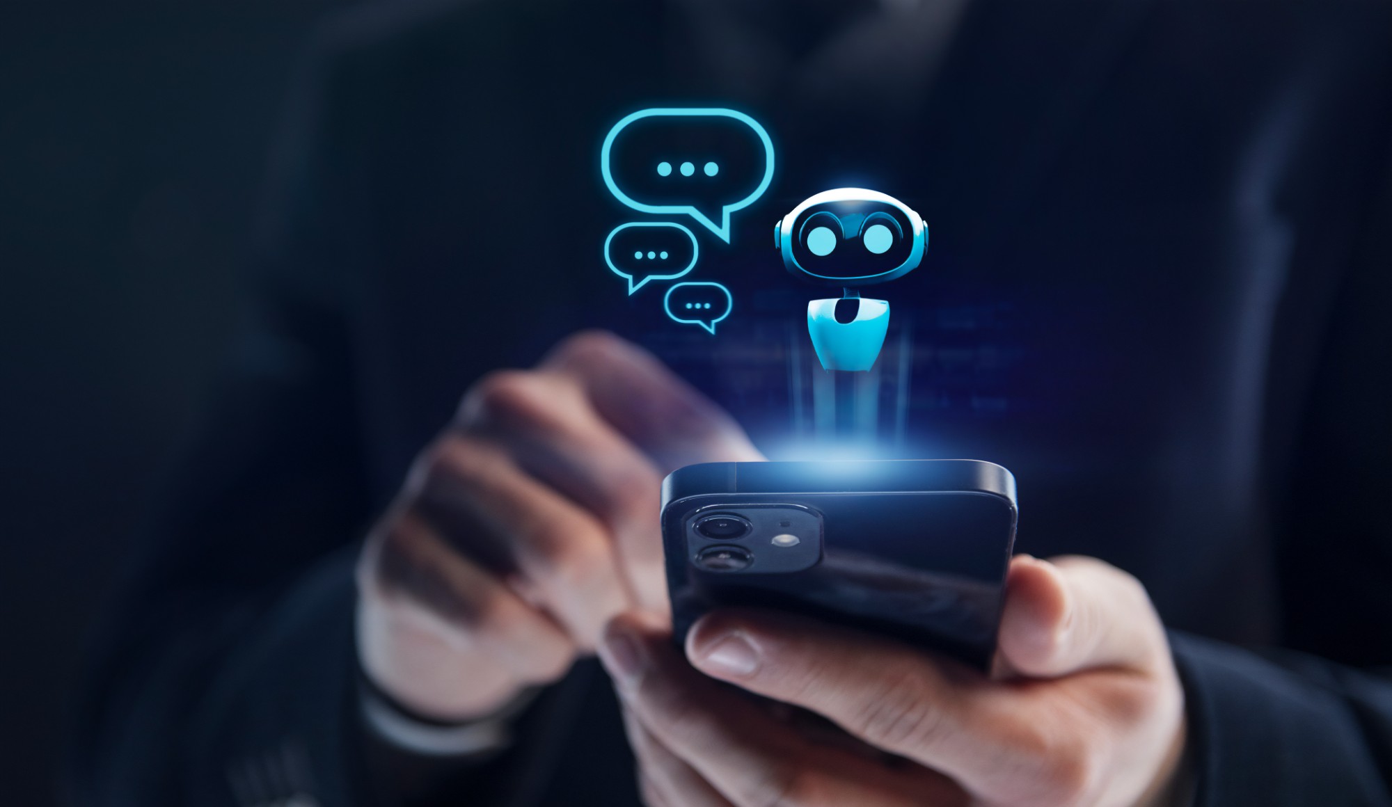 An AI assistant and chat bubbles rising from a smartphone